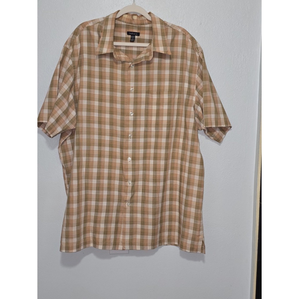 Van Heusen Mens 2XLT Shirt Big Tall 19 19.5 Orange Green Plaid Check Earth Tones